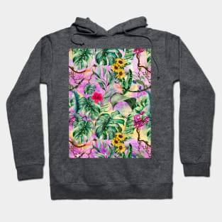 Cute tropical floral leaves botanical illustration, tropical plants,leaves and flowers, pink purple leaves pattern Hoodie